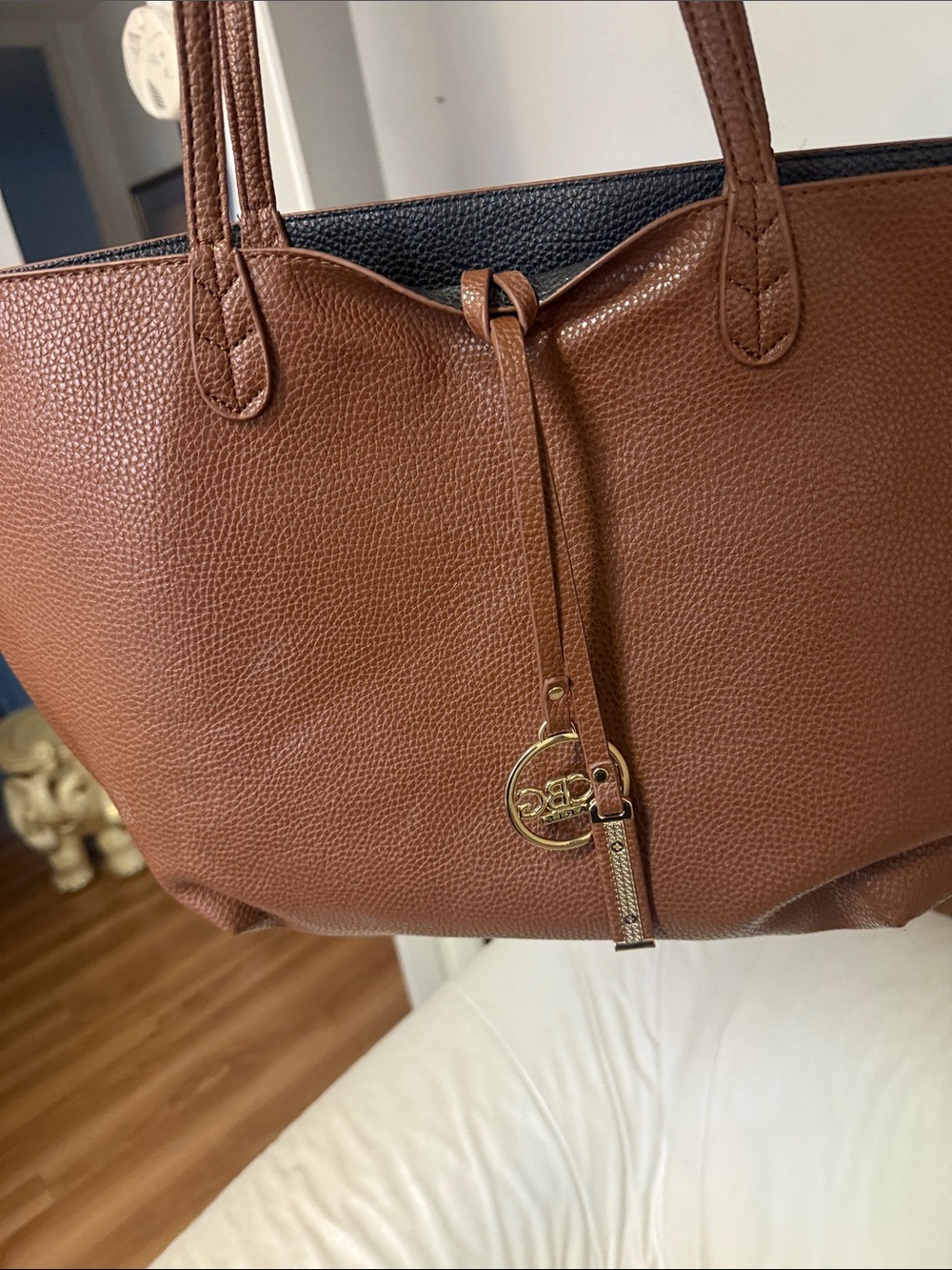 BCBG Paris Brown Pebbled Leather Tote with Gold Logo Charm